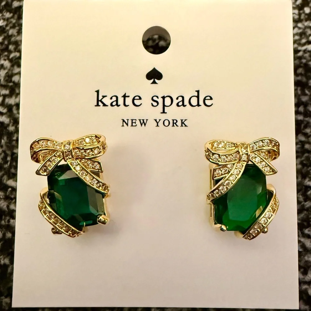Authentic Kate Spade Emerald Green Crystal Bow Stud Earrings - NWT